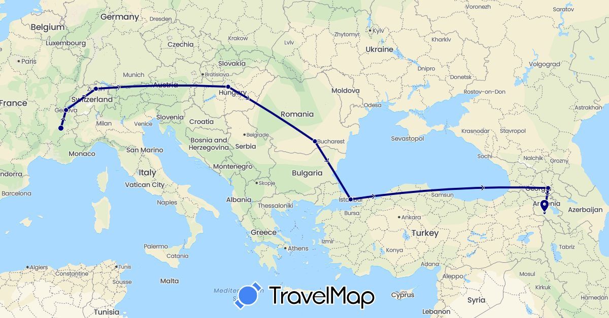 TravelMap itinerary: driving in Armenia, Switzerland, France, Georgia, Hungary, Romania, Turkey (Asia, Europe)